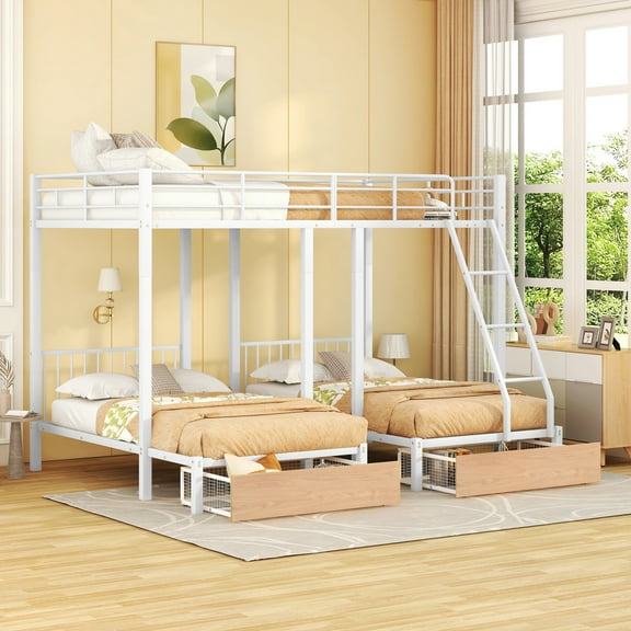 imerelez Full Over Twin & Twin Bunk Bed, Metal Triple Bunk Bed with Drawers and Guardrails, White