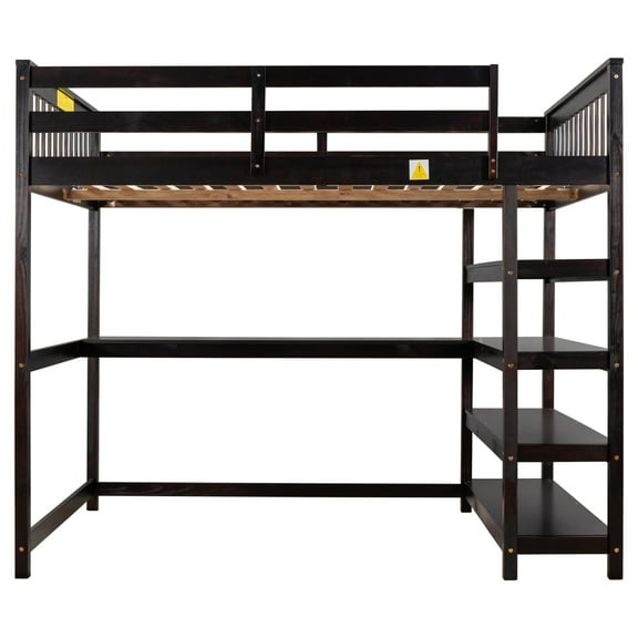imerelez Full Size Loft Bed with Storage Shelves and Under-bed Desk, Espresso