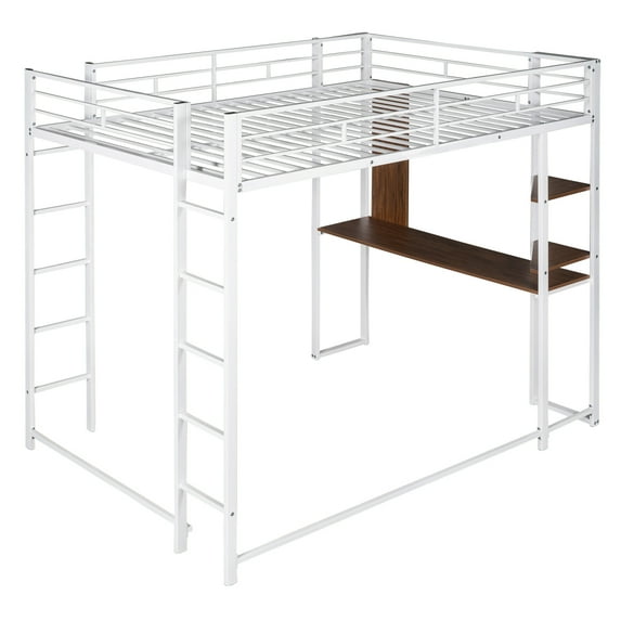 imerelez Full Size Metal Loft Bed with 2 Shelves and one Desk ,White