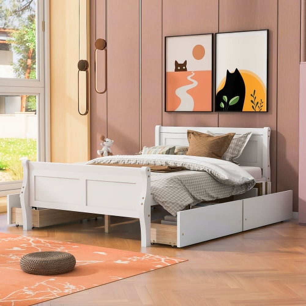 Full Size White Pine Wood Platform Bed with 4 Drawers