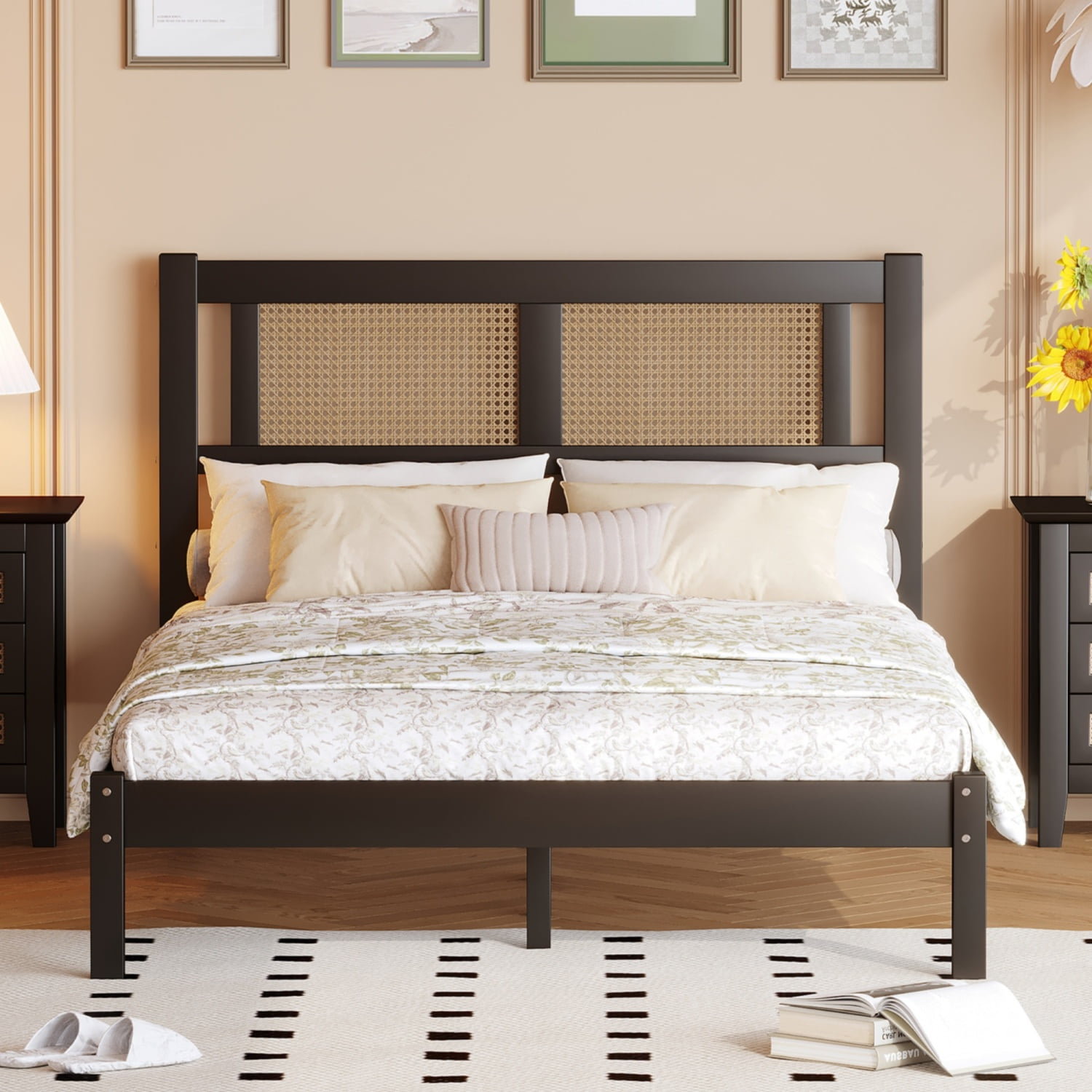 Full Size Black Wood Platform Bed with Natural Rattan Headboard