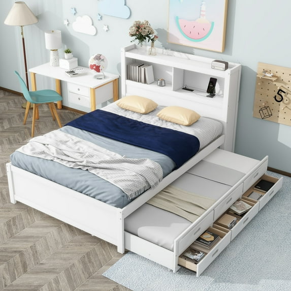 imerelez Full Size platform bed with trundle, drawers and USB plugs, White