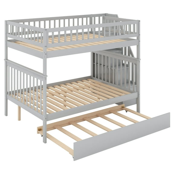 imerelez Full over Full Bunk Bed with Trundle and Staircase,Gray