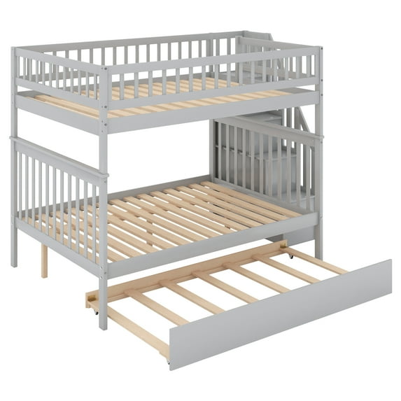 imerelez Full over Full Bunk Bed with Trundle and Staircase,Gray