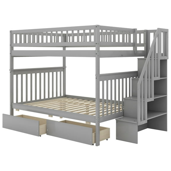 imerelez Full over Full Bunk Bed with Two Drawers and Storage, Gray