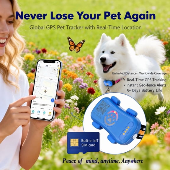 imerelez GPS Pet Tracker for Dogs Cats Built-in IoT Sim WiFi Tracking Unlimited Distance QR Code Anti-Lost Locator, Subscription Required
