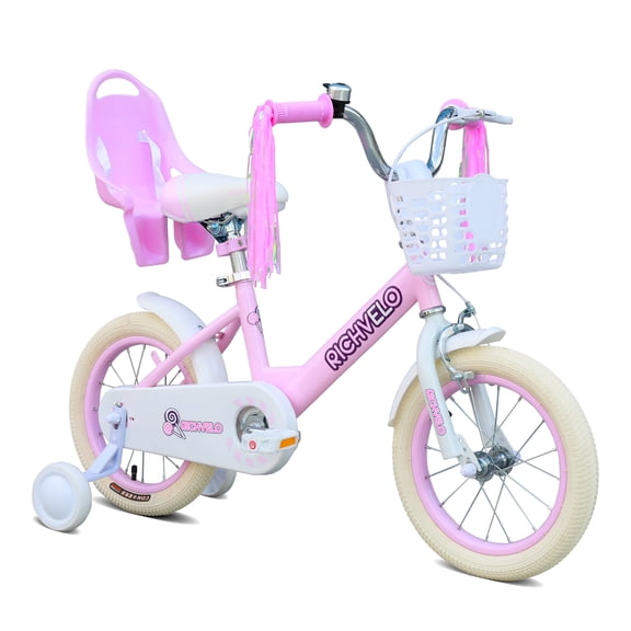 imerelez Girls Kids Bike 12 Inch with Training Wheels, Adjustable Seat, Basket, Doll Seat & Streamers, Toddler Bicycle for 2-7 Years Old, Pink White Birthday Gift