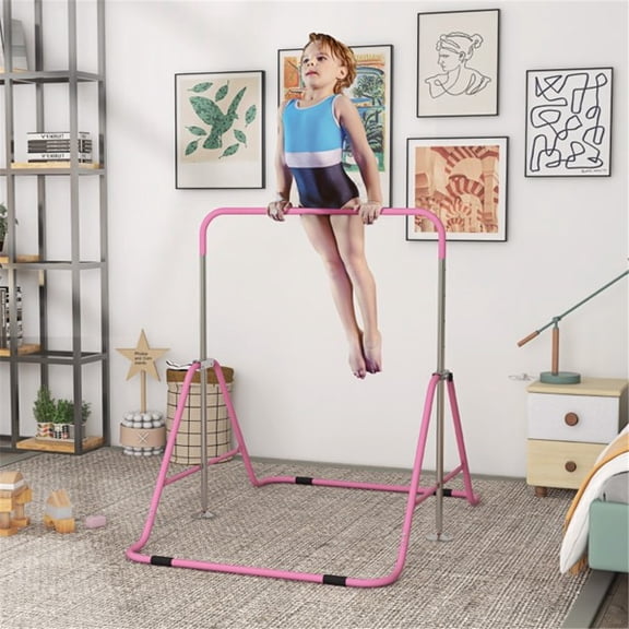 imerelez Gymnastics Bar for Kids,Adjustable Height Gymnastic Horizontal Bars,Folding Gymnastic Training Kip Bar for Home, Pink