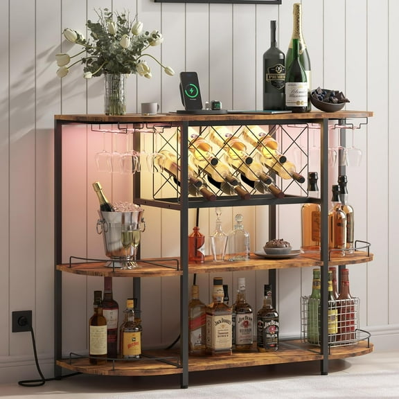 imerelez Industrial Wine Bar Cabinet for Liquor and Glasses, Farmhouse Wood Coffee Cabinet with Power Socket and LED Light 3 Tiers Coffee Bar Table Wine Rack Liqour Bar for Home Kitchen