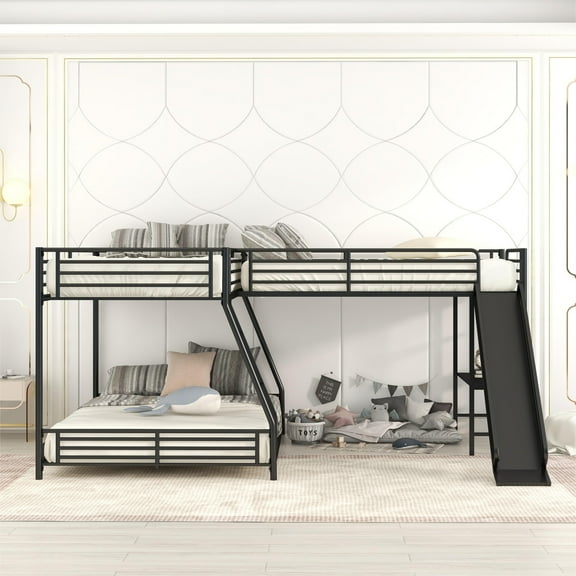 imerelez L-Shaped Twin over Full Bunk Bed with Twin Size Loft Bed,Built-in Desk and Slide,Black