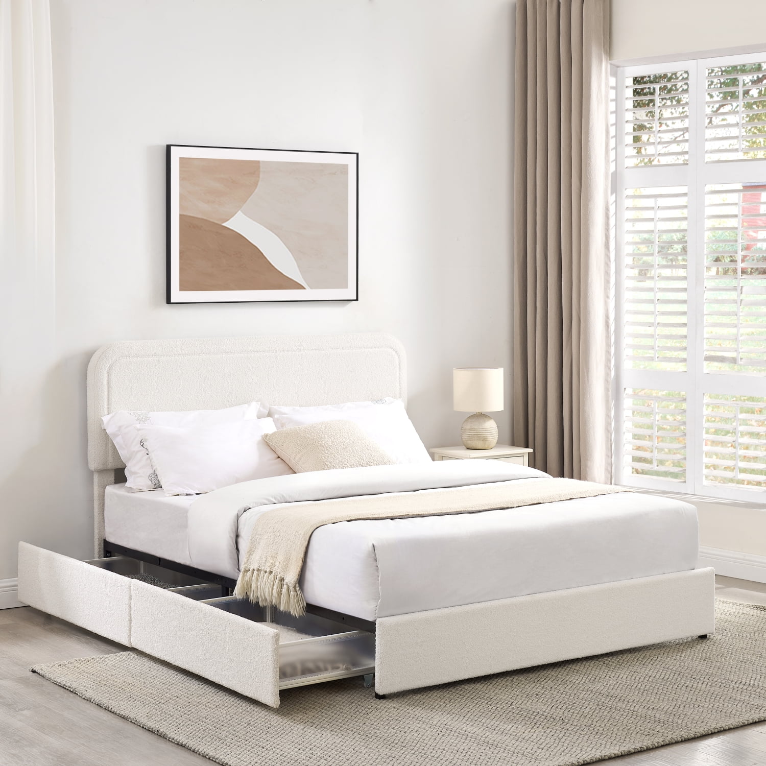 Ivory Boucle Upholstered Queen Storage Bed with Tufted Headboard and Drawers