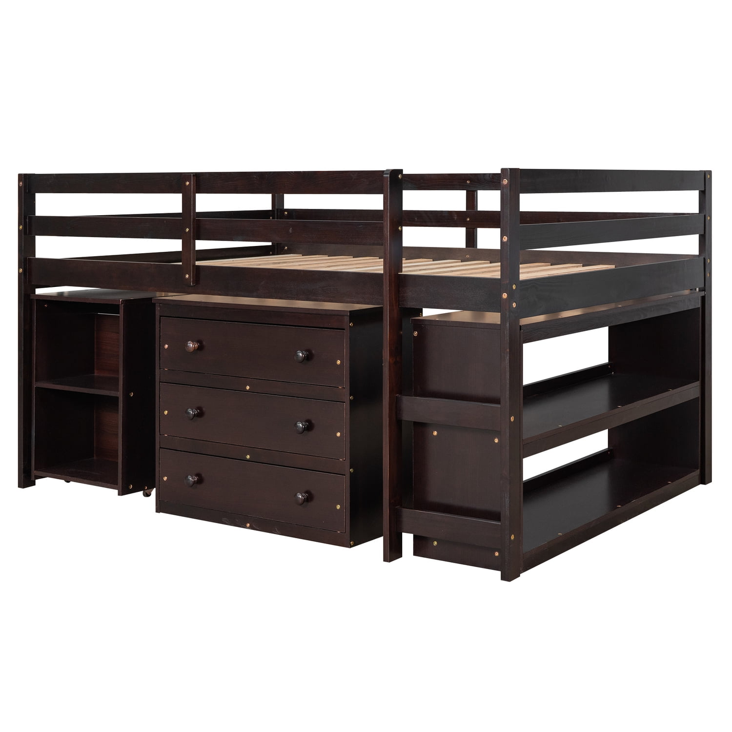 Low Study Full Loft Bed with Cabinet Shelves & Desk - White