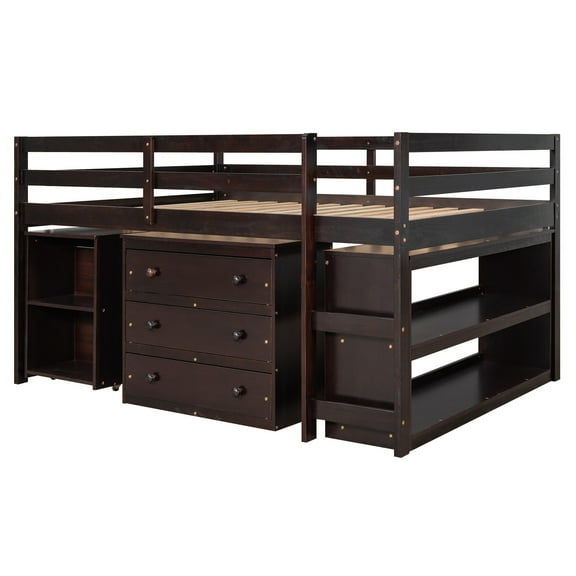 imerelez Low Study Full Loft Bed with Cabinet ,Shelves and Rolling Portable Desk ,Multiple Functions Bed- Espresso