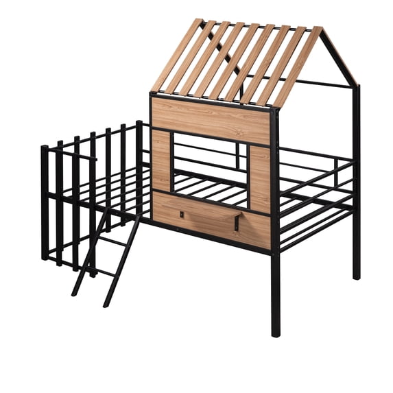 imerelez Metal Twin size Loft Bed with Roof, Window, Guardrail, Ladder Black
