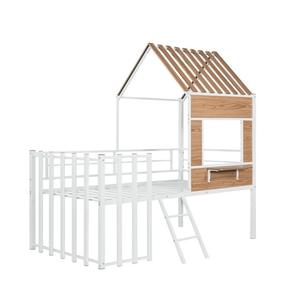 imerelez Metal Twin size Loft Bed with Roof, Window, Guardrail, Ladder White
