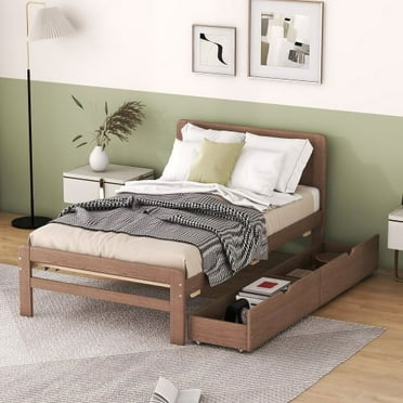 imerelez Modern Design Twin Size Platform Bed Frame with 2 Drawers for Walnut Color