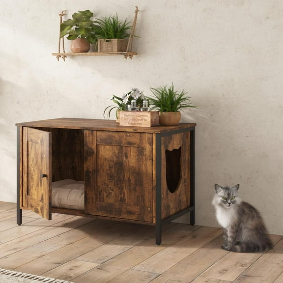 imerelez Multi-Functional Cat Litter Box Enclosure, Hidden Litter Box Furniture with Removable Divider, Cat Food Supply Storage Cat Hideout End Table Fits Most Litter Box (Retro Brown)