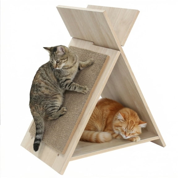 imerelez Multi-Functional Cat Scratcher with Tunnel & Wooden Lounge, 18.5”x12”x21” Triangle Design, Corrugated Cardboard Scratching Surface, Space-Saving Cat Furniture in Natural