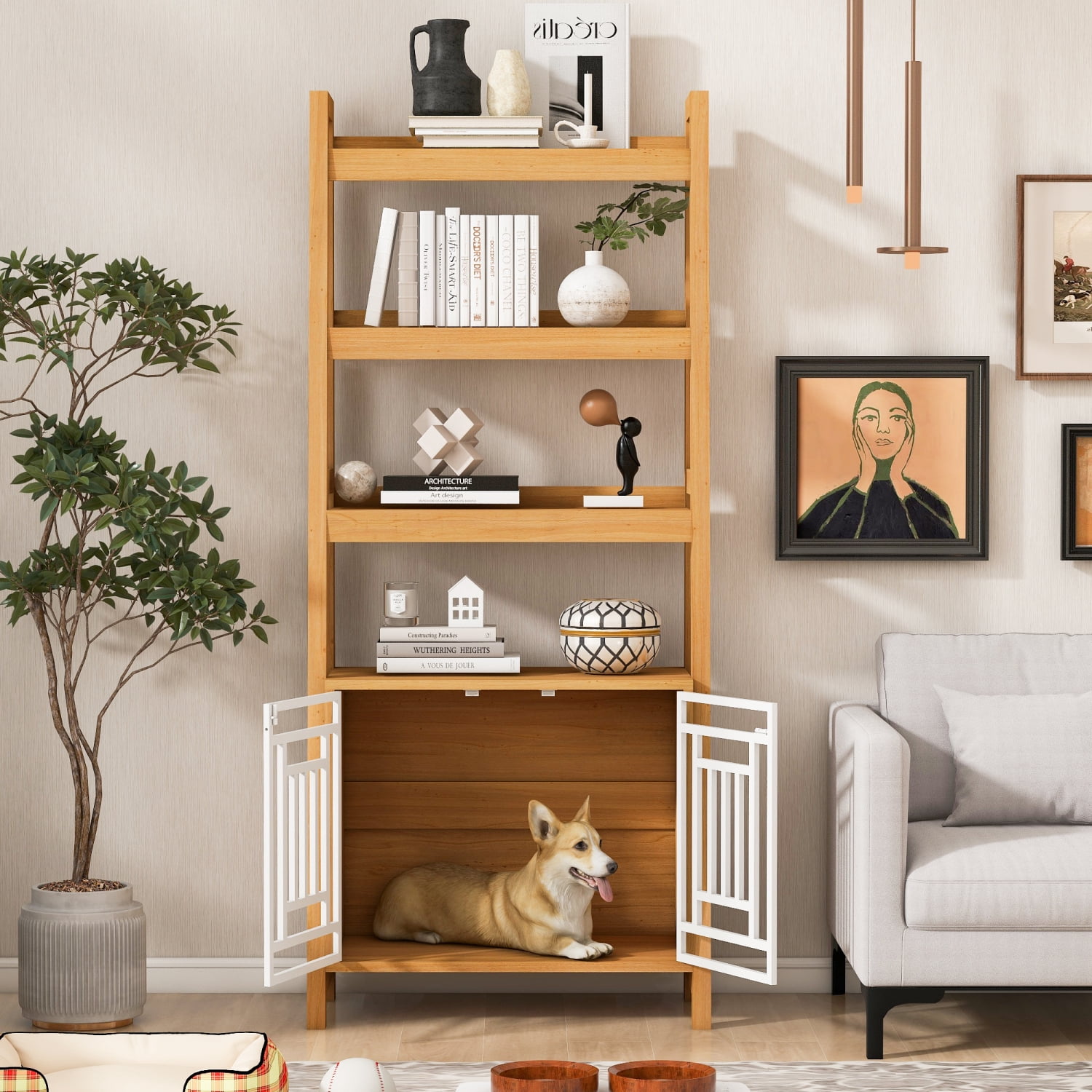 Picture of imerelez Multi-Functional Dog Crate Ladder Bookcase – Ancient Oak MDF ...