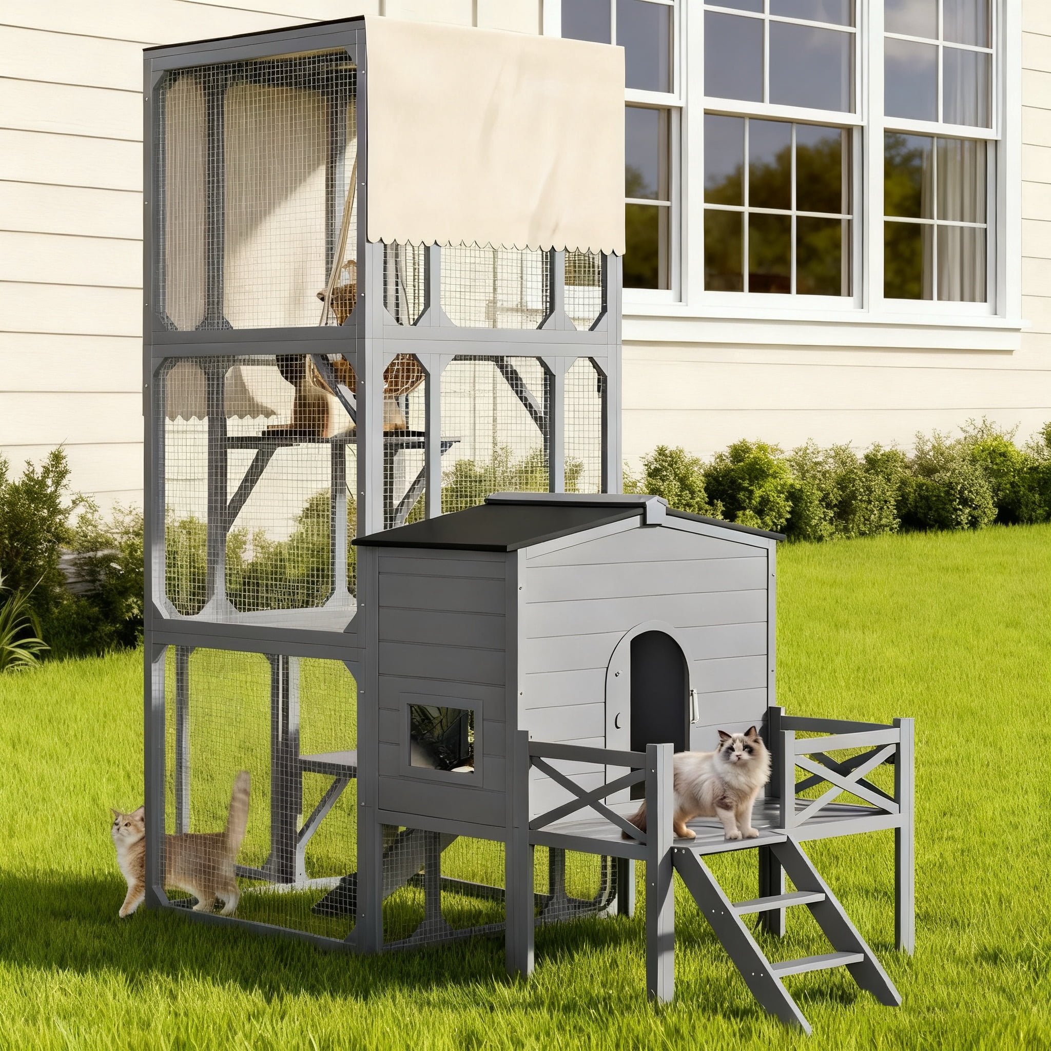imerelez Outdoor Catio Enclosure for Multiple Cats, 96" Large Wooden Cat House with 4 Platforms & Swing, Waterproof Cover & UV Resistant, 2-Combination Gray Cat Cage