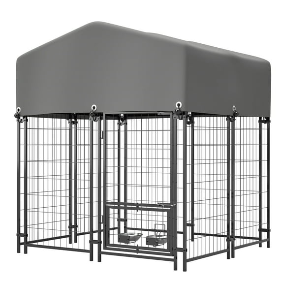imerelez Outdoor Dog Kennel 4.23'x3.83'x4.83' with Roof, Heavy Duty Welded Wire Crate with Waterproof Cover, Dual Lock System & 360° Feeder for All Weather