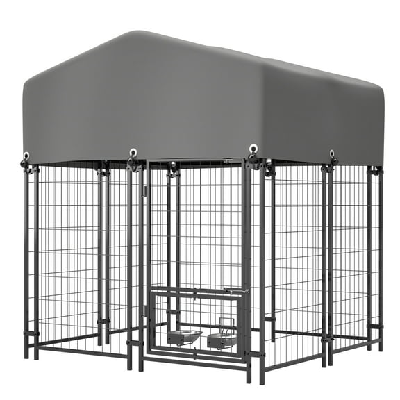 imerelez Outdoor Dog Kennel 4.23'x3.83'x4.83' with Roof, Heavy Duty Welded Wire Crate with Waterproof Cover, Dual Lock System & 360° Feeder for All Weather