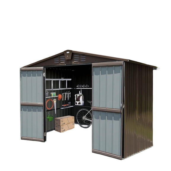 Imerelez Metal Storage Shed with Lockable Double Door & Air Vents, 76" x 118" x 95", Brown