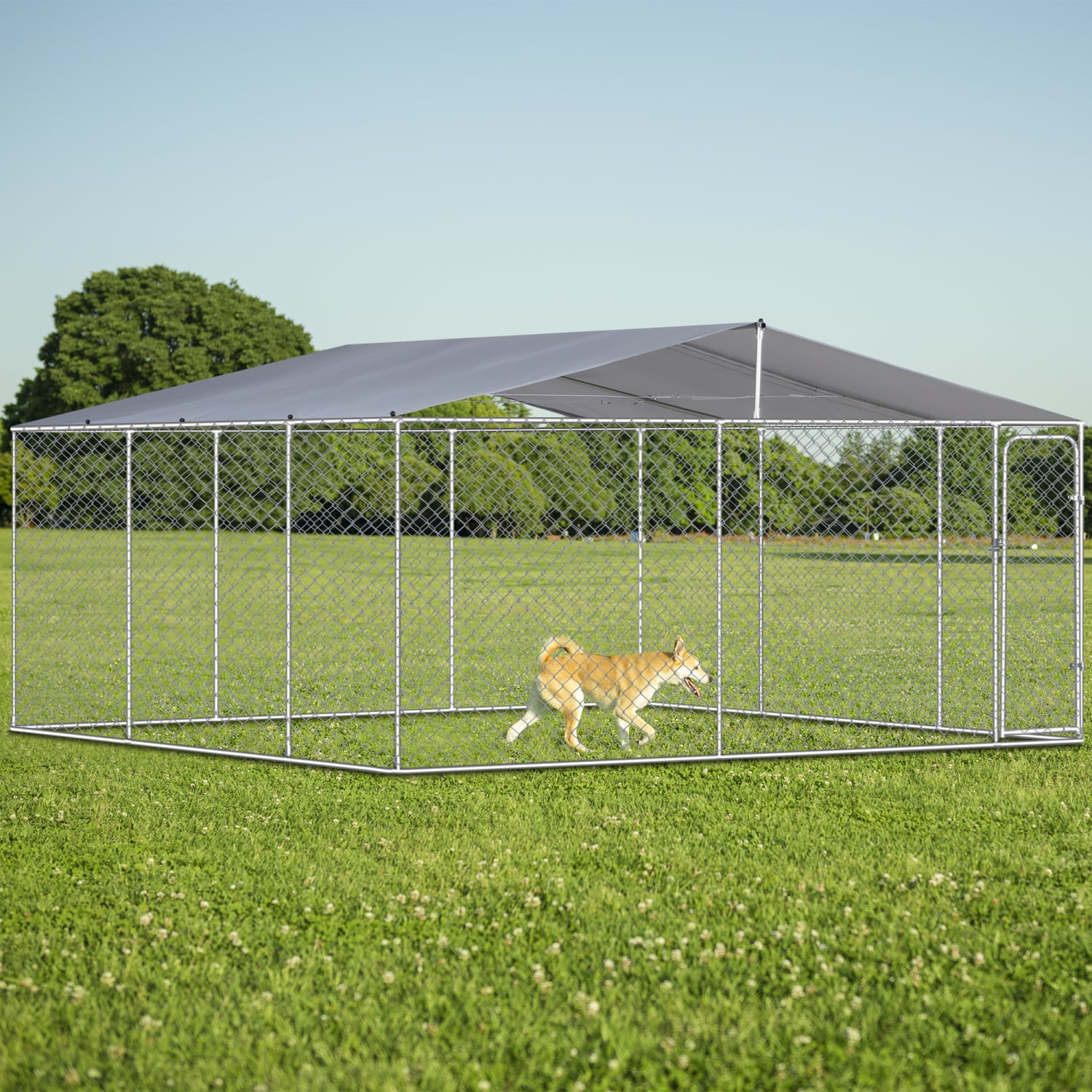 Silver Outdoor Dog Kennel with Waterproof Canopy and Secure Lock