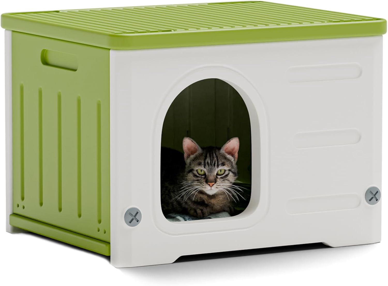 imerelez Plastic Cat House for Outdoor Indoor Use, Stackable Feral Cat Shelter Indoor Cat House Insulated Weatherproof Waterproof Elevated with Cat Scratching Board & Cushion (Green)