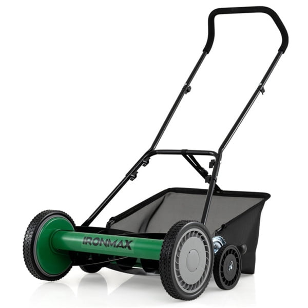 imerelez Push Reel Lawn Mower, 18-Inch 5-Blade Cordless Manual Reel Lawn Mower, Walk-Behind Steel Lawn Mower with 9-Position Cutting Height Adjustment & Sponge Grip Green