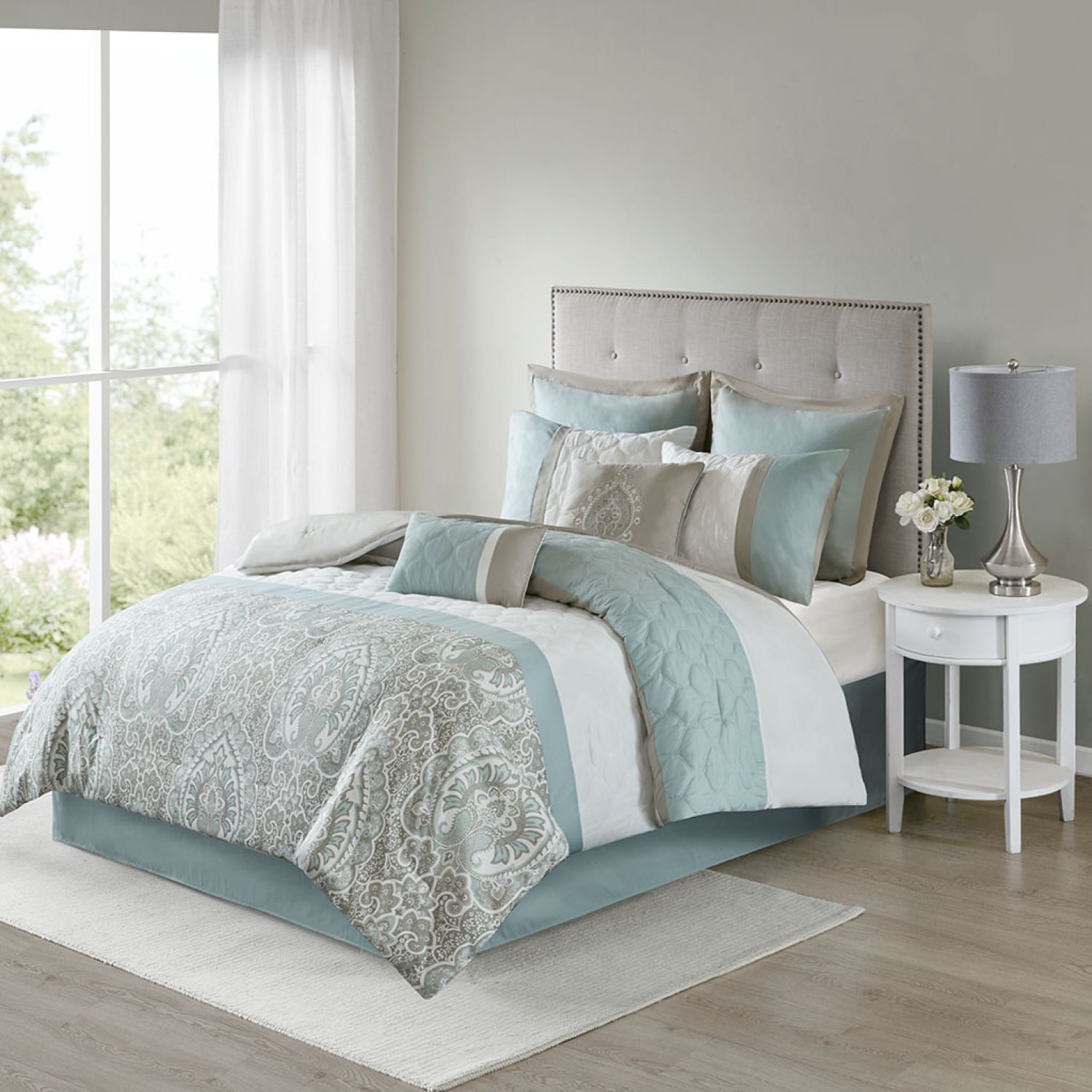 Seafoam and Beige Microfiber Queen 8-Piece Comforter Set