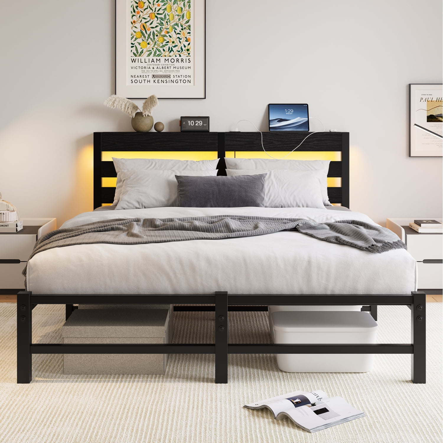 Queen Black Metal Bed Frame with Wooden Headboard and RGB Lights