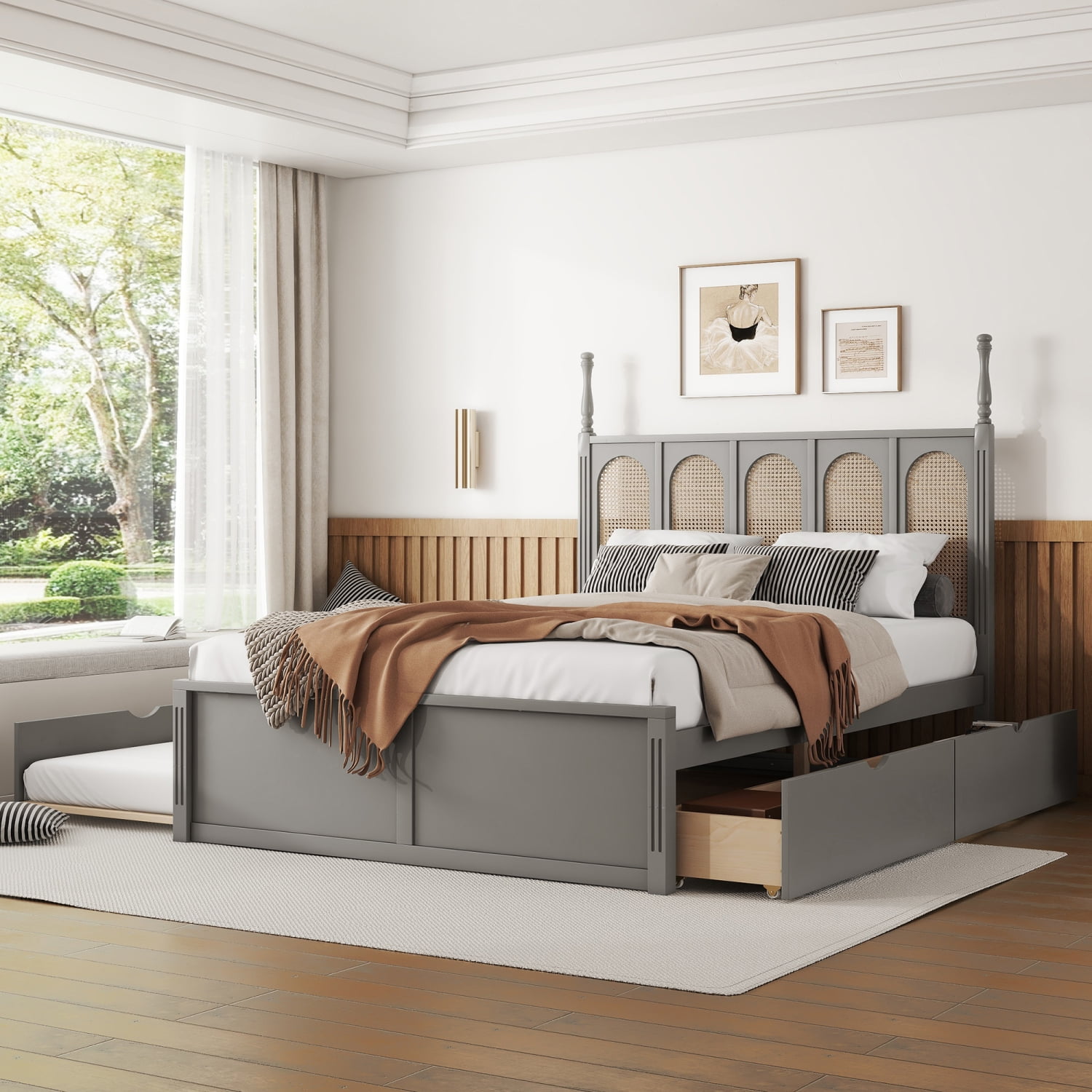 Gray Queen Size Rattan Platform Bed with Storage Drawers