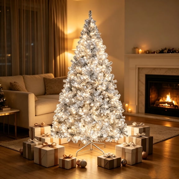 imerelez Silver Pre-lit Christmas Tree 6ft - 300 LED Lights with 8 Modes & Remote, 900 Hinged Branch Tips, Easy Assembly Artificial Xmas Tree for Indoor Holiday Decorations