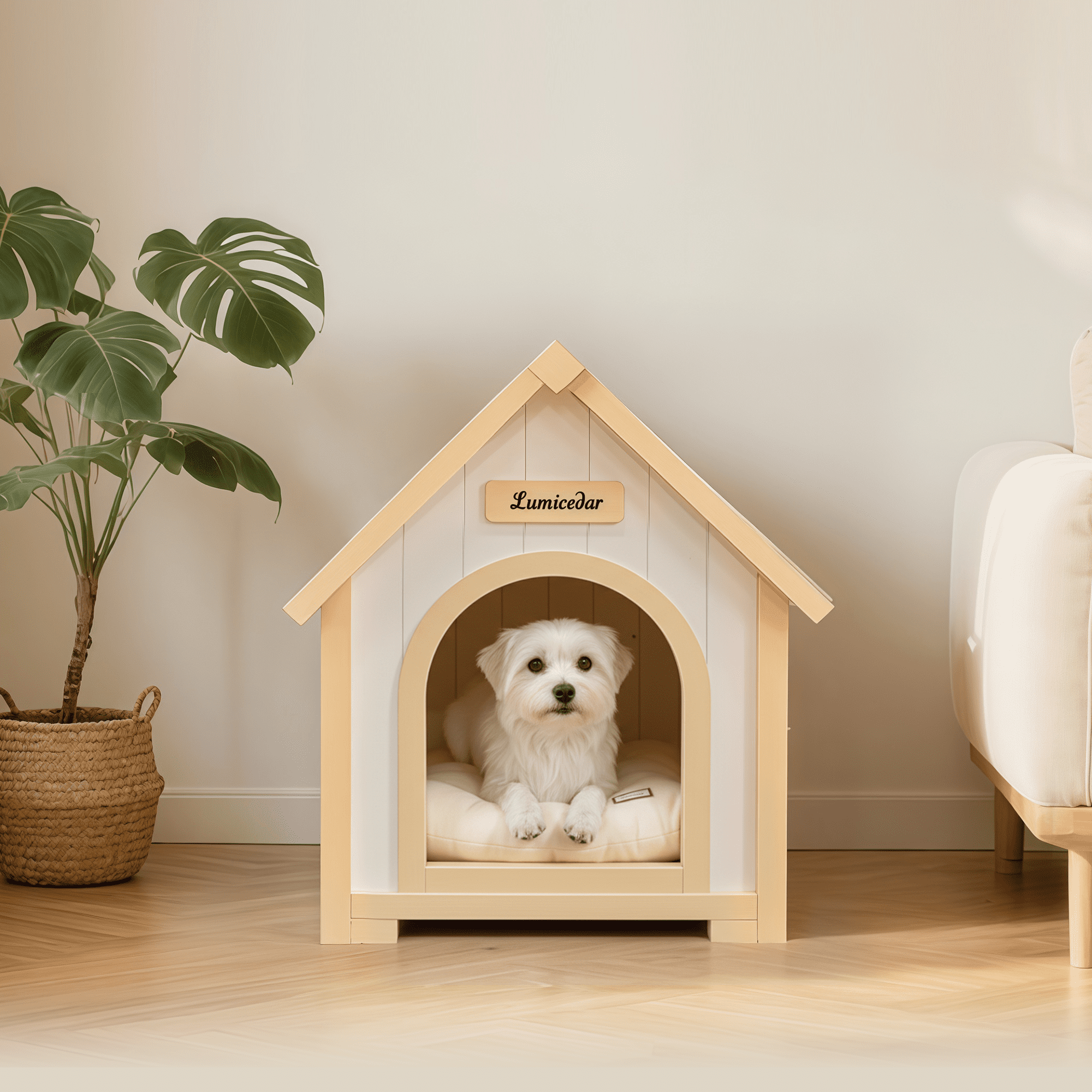 imerelez Solid Cedar Pet House, 60"L Cream Yellow Cabin Style Indoor Shelter for Small Dogs & Cats, Non-Toxic Water-Based Paint