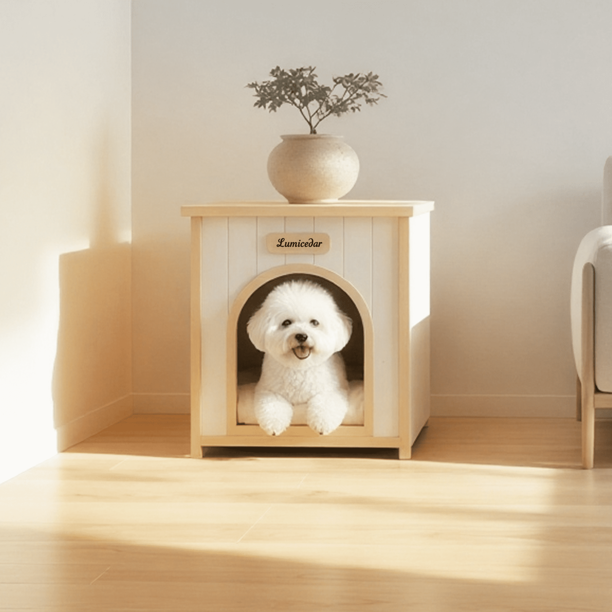 imerelez Solid Wood Pet House, 21x20x24 Inch Cream Yellow Flat Roof Indoor Shelter for Small Cats & Dogs with Removable Cushion
