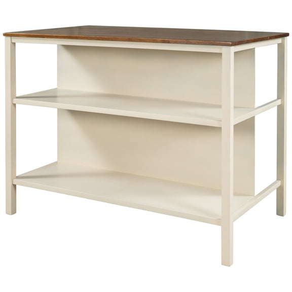 imerelez Solid Wood Rustic 45" Stationary Kitchen Island, Rubber Wood Butcher Block Dining Table Prep Table with 2 Open Shelves for Small Places,Walnut+Cream White