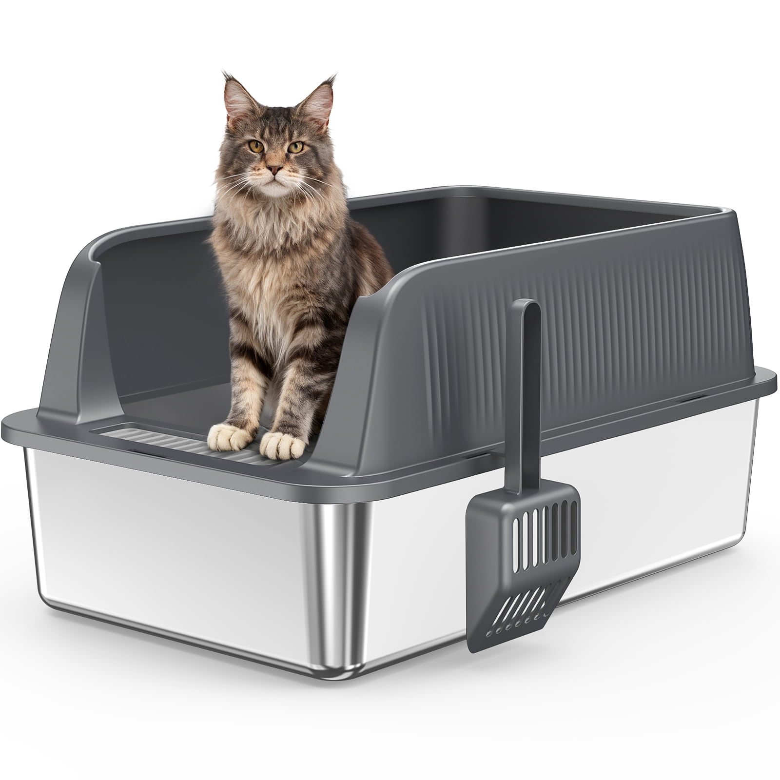 imerelez Stainless Steel Cat Litter Box 2 Sets, High-Sided Anti-Leak, Odor-Free, Easy Clean, Washable, Includes Litter Scoop with Hook, Black and Silver