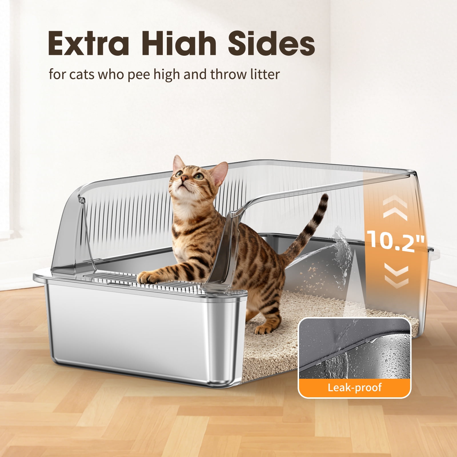 imerelez Stainless Steel Cat Litter Box, High-Sided Anti-Leak, Odor-Free, Easy Clean, Washable, Includes Litter Scoop with Hook, Ash Brown