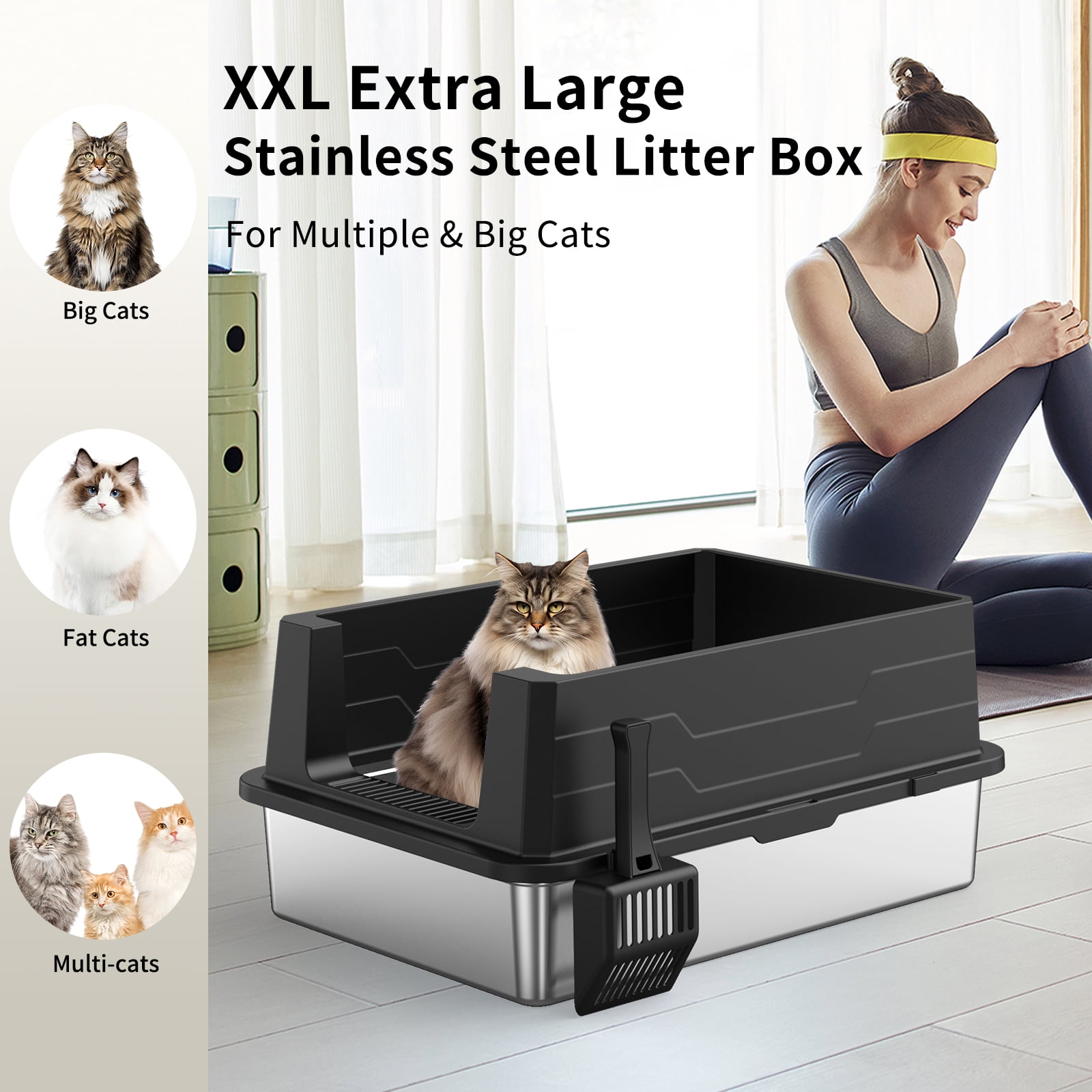 imerelez Stainless Steel Cat Litter Box, Large Size No Cover, High Sided Anti-Leak, Easy Clean Odor-Free, Washable, Includes Litter Scoop with Hook, Black and Silver