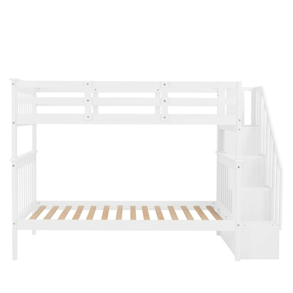 imerelez Stairway Twin-Over-Twin Bunk Bed with Storage and Guard Rail for Bedroom, Dorm, White color