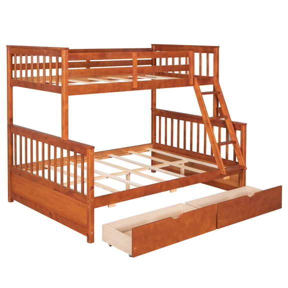 imerelez Twin-Over-Full Bunk Bed with Ladders and Two Storage Drawers (Walnut)