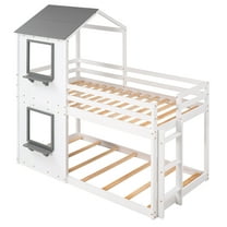 imerelez Twin Over Twin Bunk Bed Wood Bed with Roof, Window, Guardrail, Ladder (White)