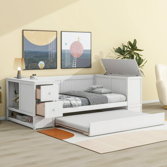 imerelez Twin Size Daybed with Storage Arms, Trundle and Charging Station, White