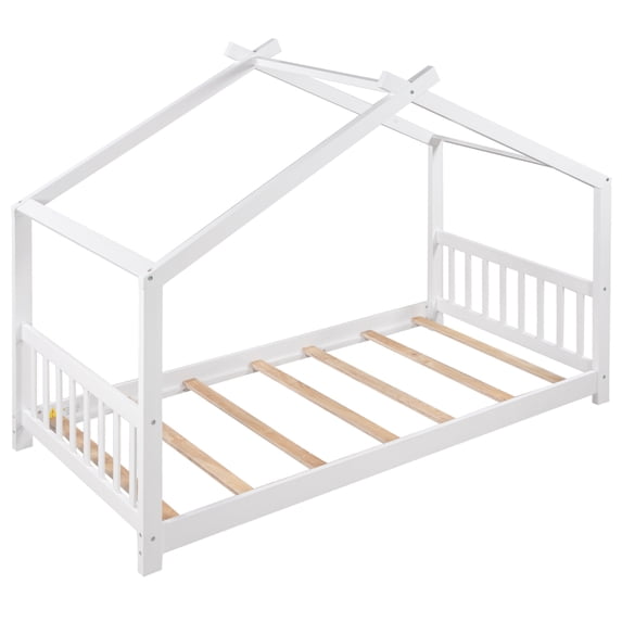imerelez Twin Size House Platform Bed with Headboard and Footboard,Roof Design,White