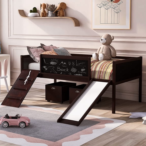 imerelez Twin Size Loft Bed with Two Storage Boxes - Wood, Espresso