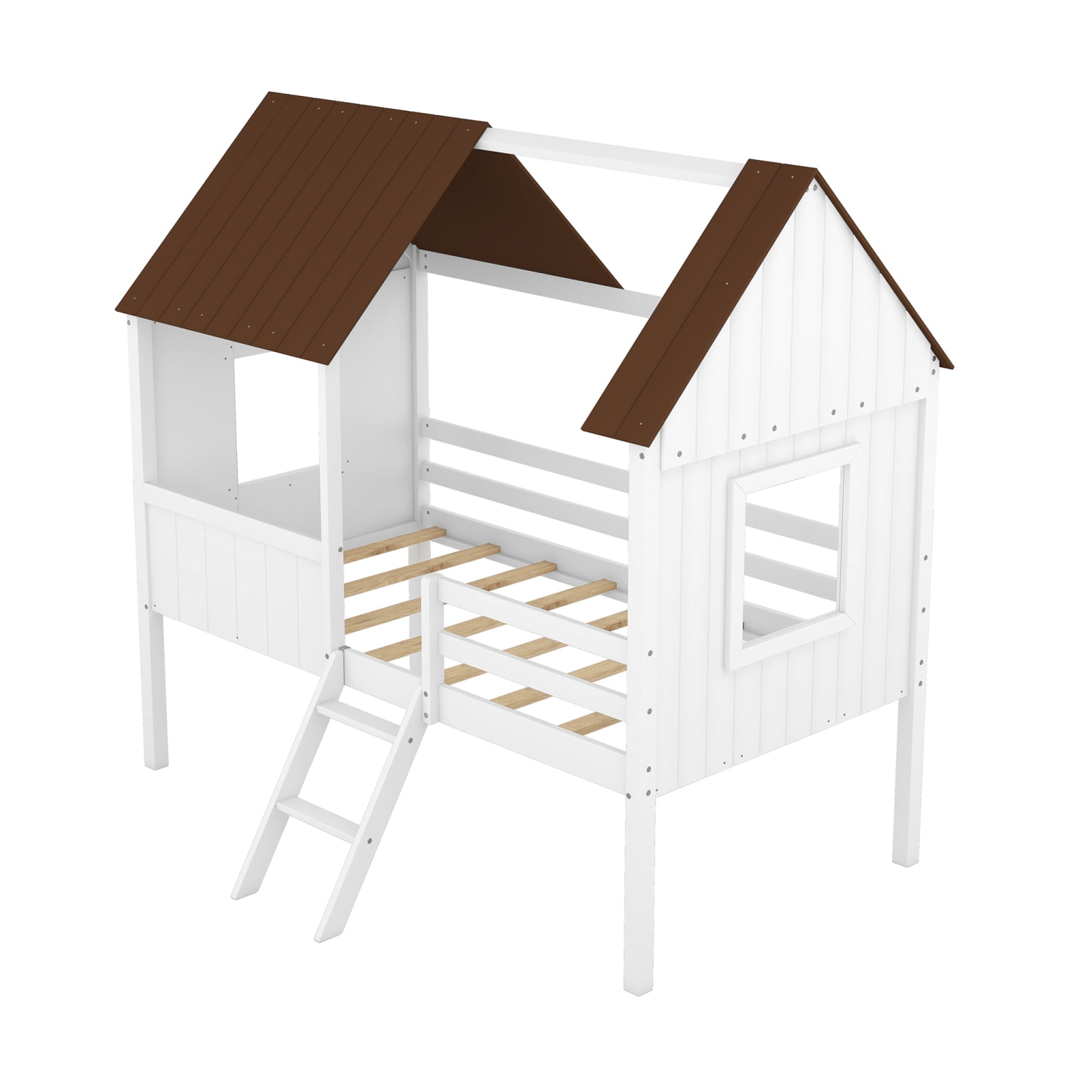imerelez Twin Size Low Loft Wood House Bed with Two Side Windows ...