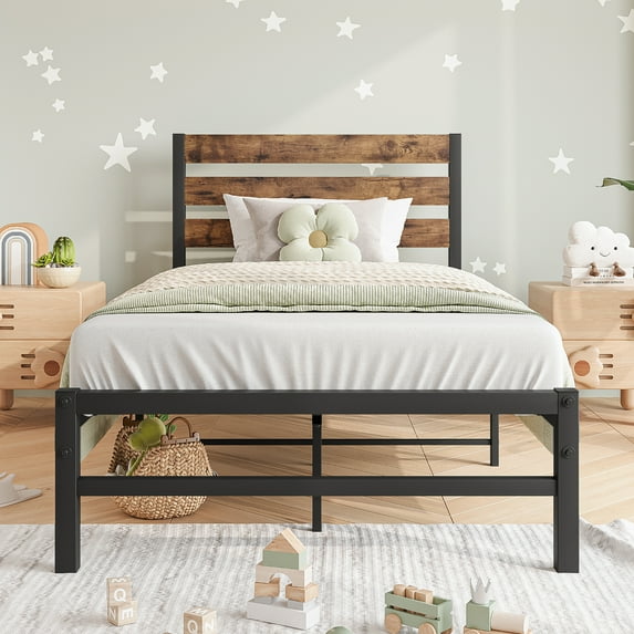 imerelez Twin Size Platform Bed Frame with Rustic Vintage Wood Headboard, Strong Metal Slats Support Mattress Foundation, No Box Spring Needed Rustic Brown