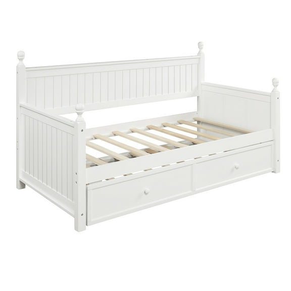 imerelez Twin Size Wood Daybed with Twin Size Trundle (White)