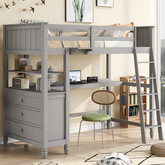 imerelez Twin size Loft Bed with Drawers and Desk, Wooden Loft Bed with Shelves - Gray